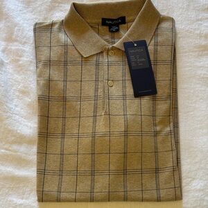Nautica Men's Beige Blue Plaid Polo Shirt